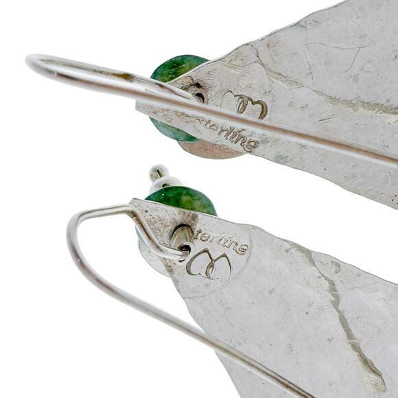 Sterling Silver Abstract Hammered Triangle Heart Green Nephrite Dangle Earrings - Picture 4 of 6